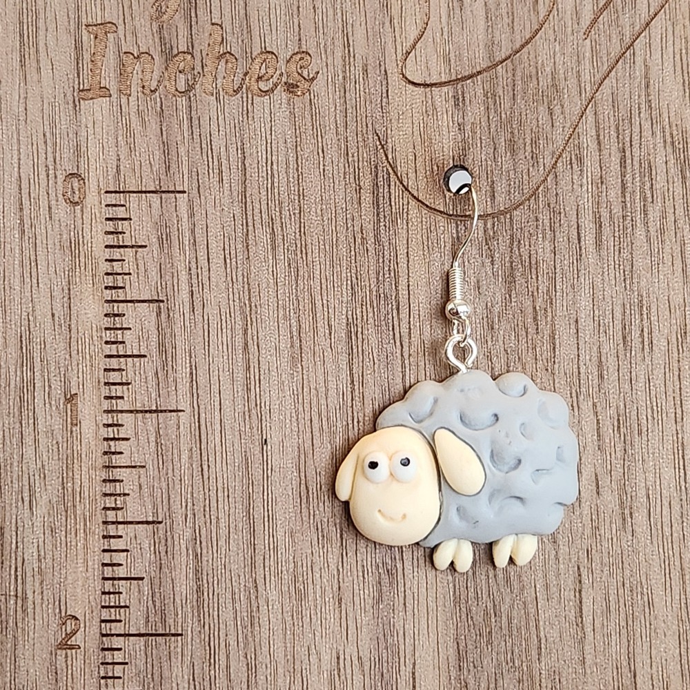 Handmade Polymer Clay Grey Sheep Drop Earrings Whimsical Animal Jewelry - Picture 2 of 4